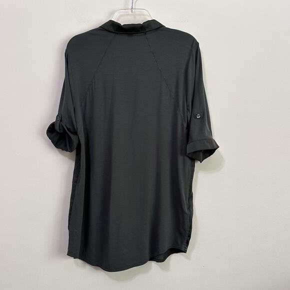Ann Taylor Blouse 8 Hunter Green Satin Jersey Short Roll Tab Sleeve Office NEW - Picture 9 of 9